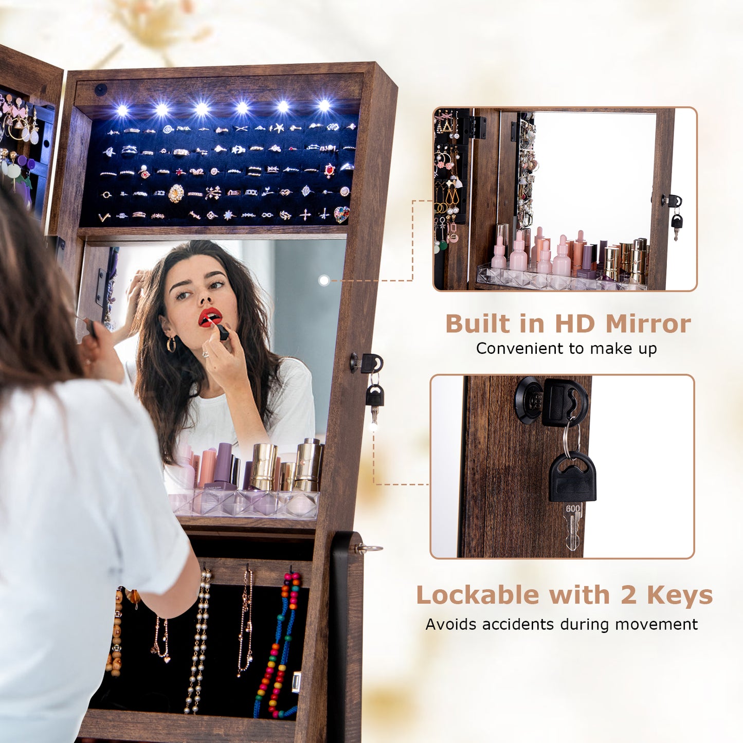 Free Standing Full Length Jewelry Armoire with Lights-Rustic Brown Kids Crystal