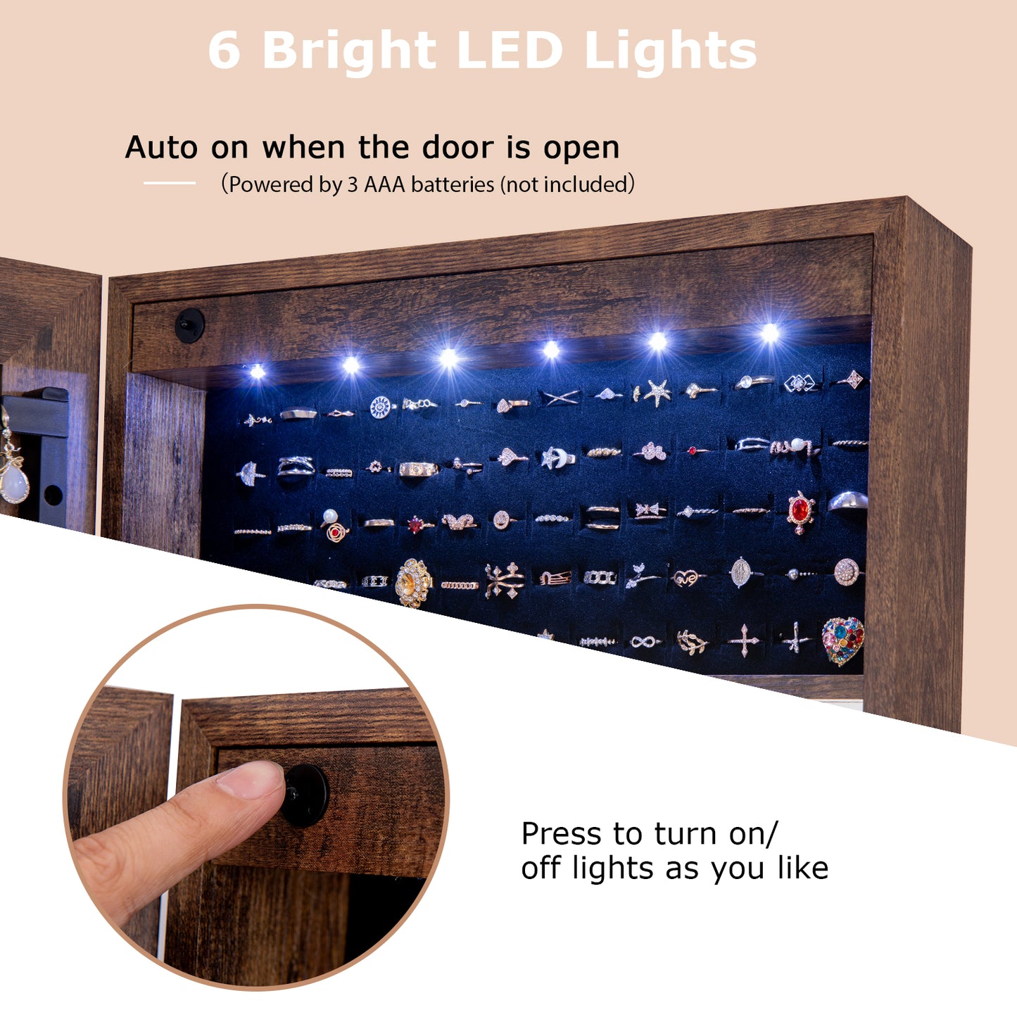 Free Standing Full Length Jewelry Armoire with Lights-Rustic Brown Kids Crystal