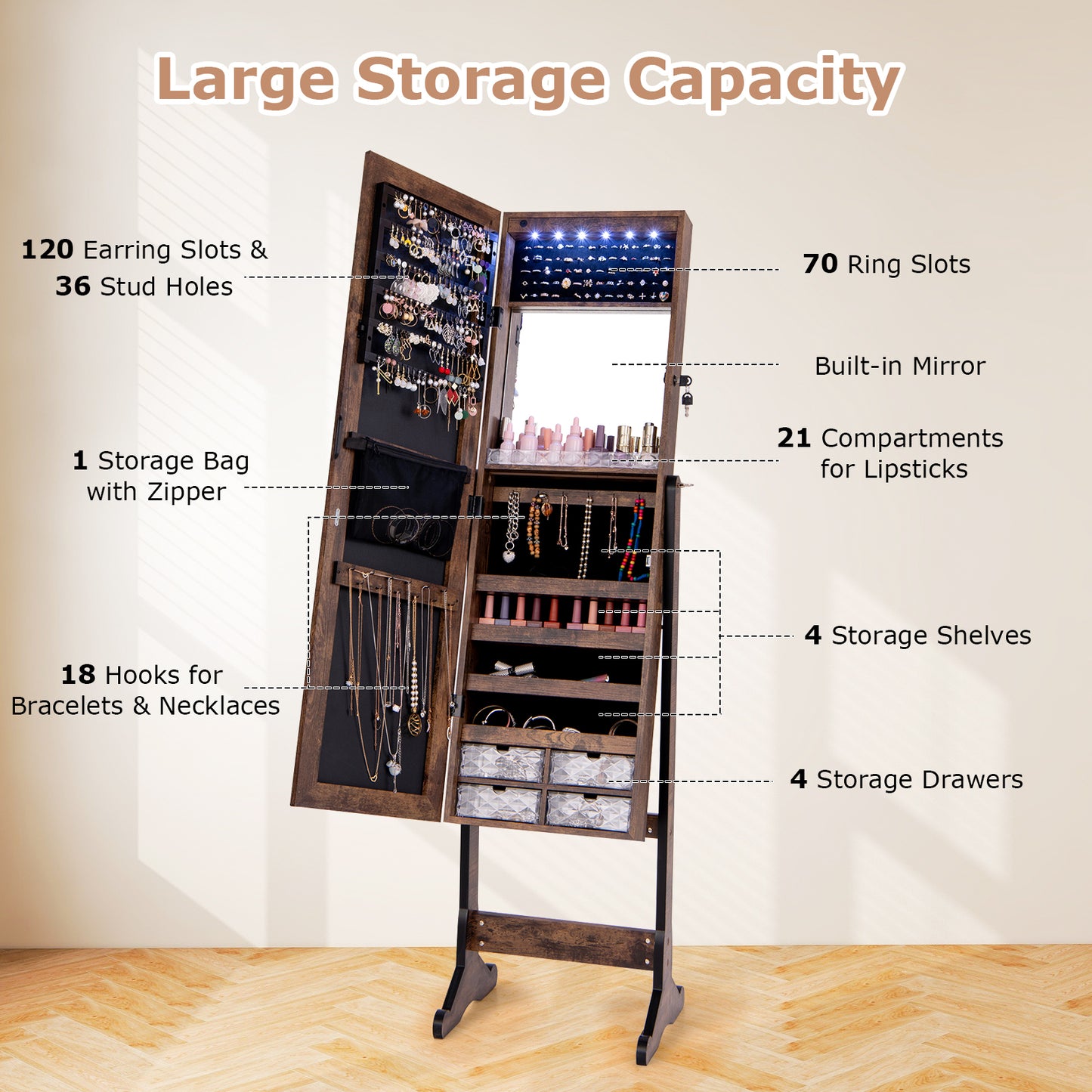 Free Standing Full Length Jewelry Armoire with Lights-Rustic Brown Kids Crystal