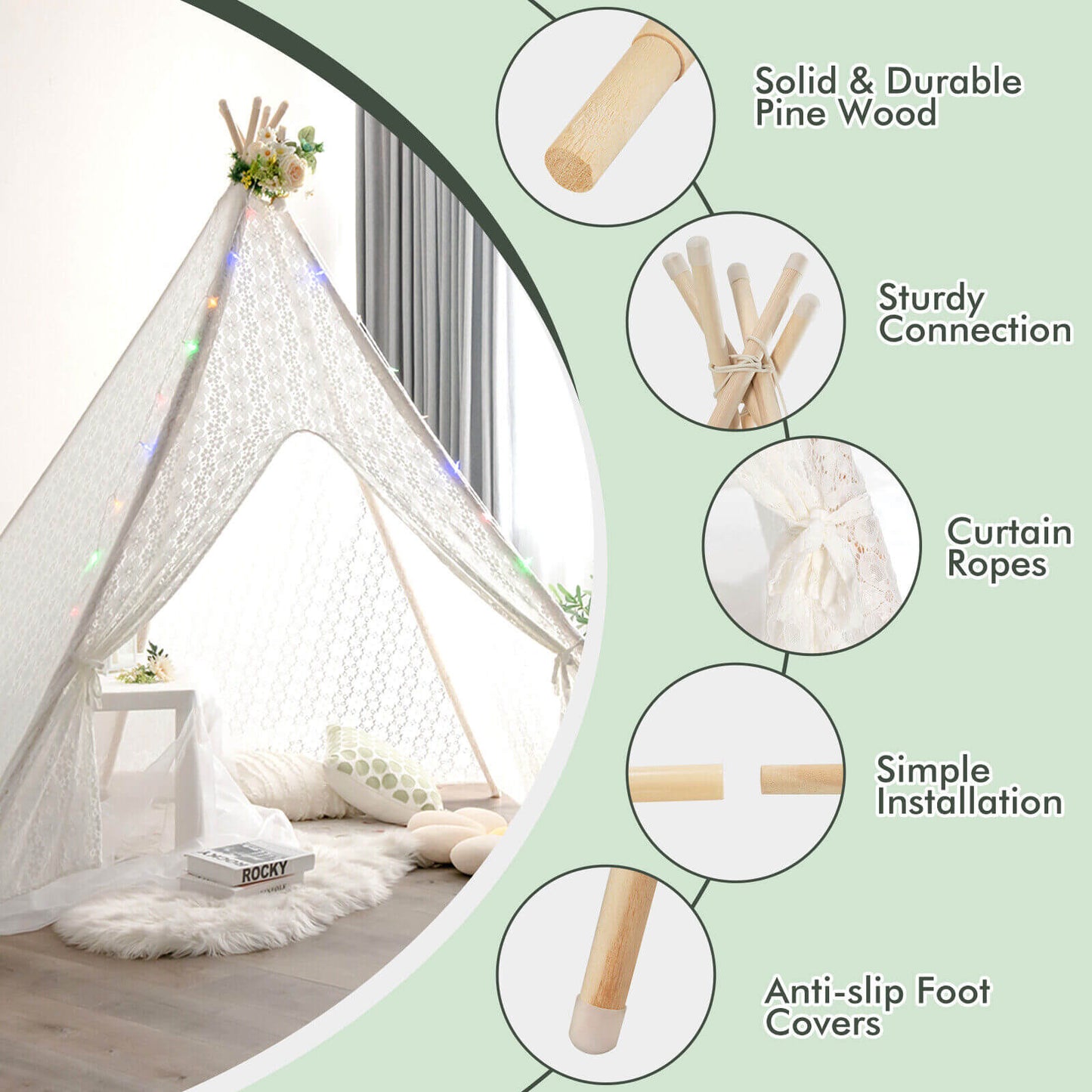 Lace Teepee Tent with Colorful Light Strings for Children Kids Crystal