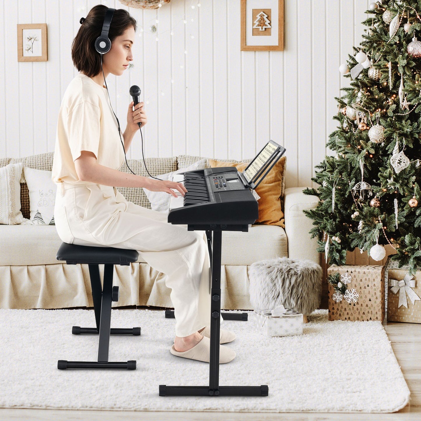 61-Key Portable Electronic Keyboard Piano with Stand and Stool Kids Crystal