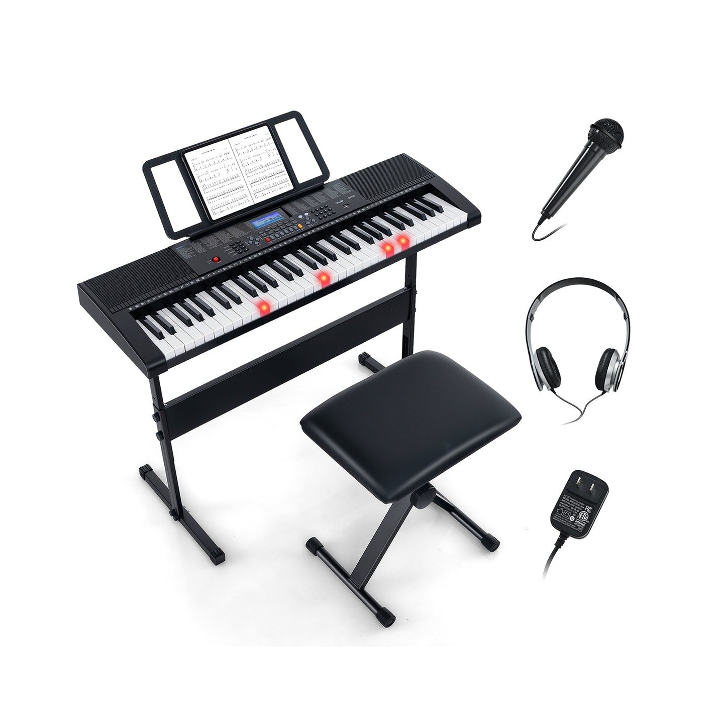 61-Key Portable Electronic Keyboard Piano with Stand and Stool Kids Crystal
