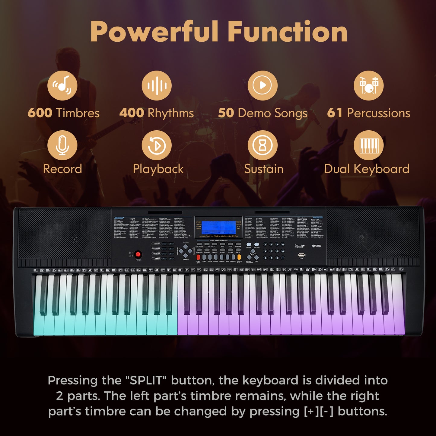 61-Key Portable Electronic Keyboard Piano with Stand and Stool Kids Crystal