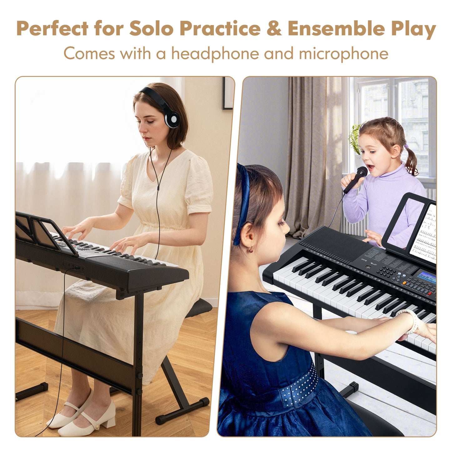 61-Key Portable Electronic Keyboard Piano with Stand and Stool Kids Crystal