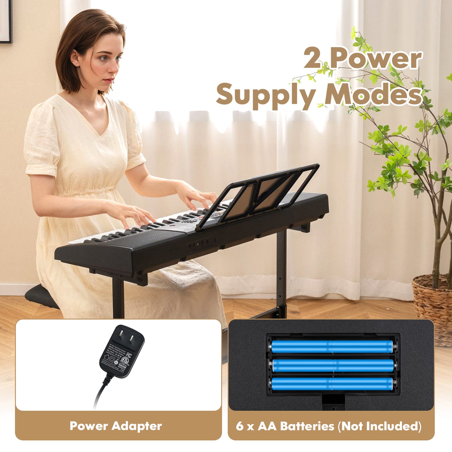 61-Key Portable Electronic Keyboard Piano with Stand and Stool Kids Crystal