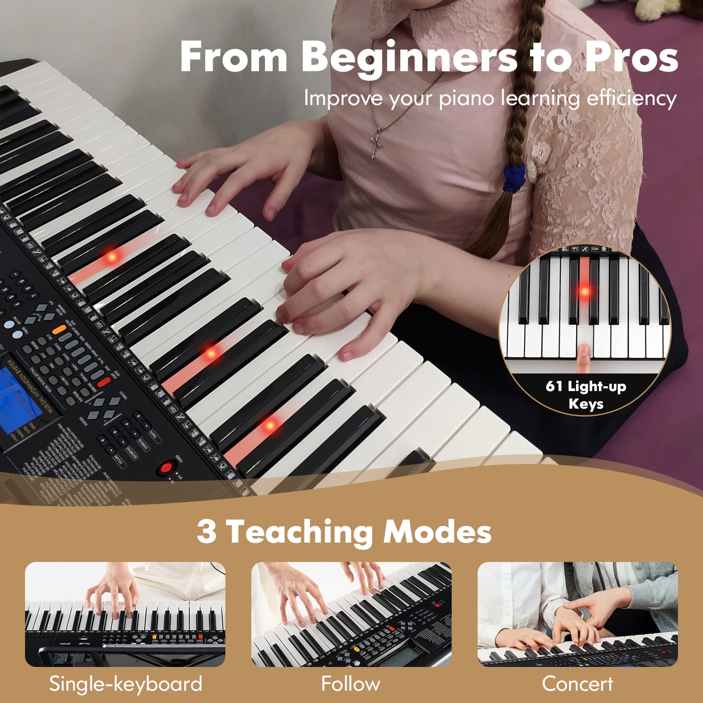 61-Key Portable Electronic Keyboard Piano with Stand and Stool Kids Crystal