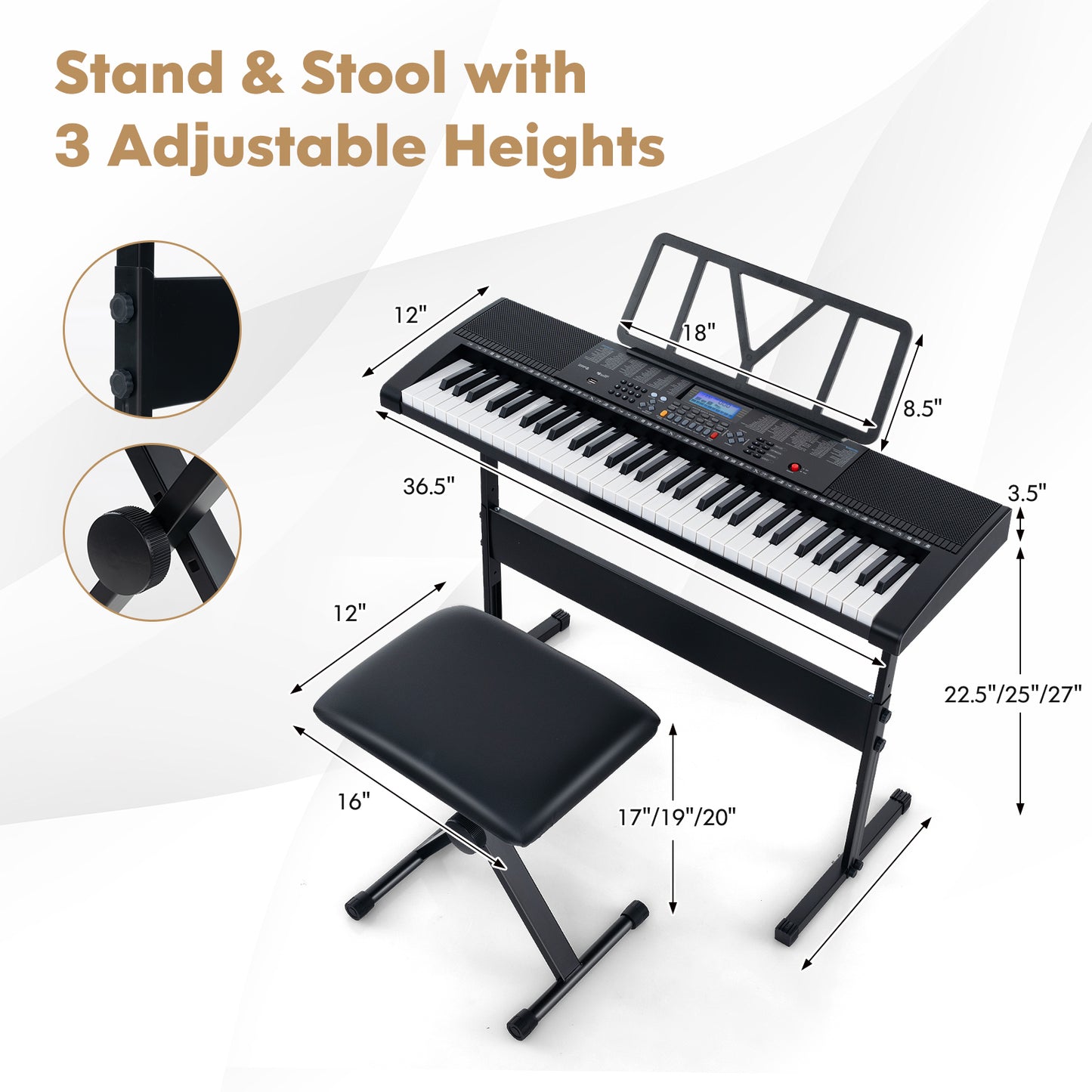61-Key Portable Electronic Keyboard Piano with Stand and Stool Kids Crystal