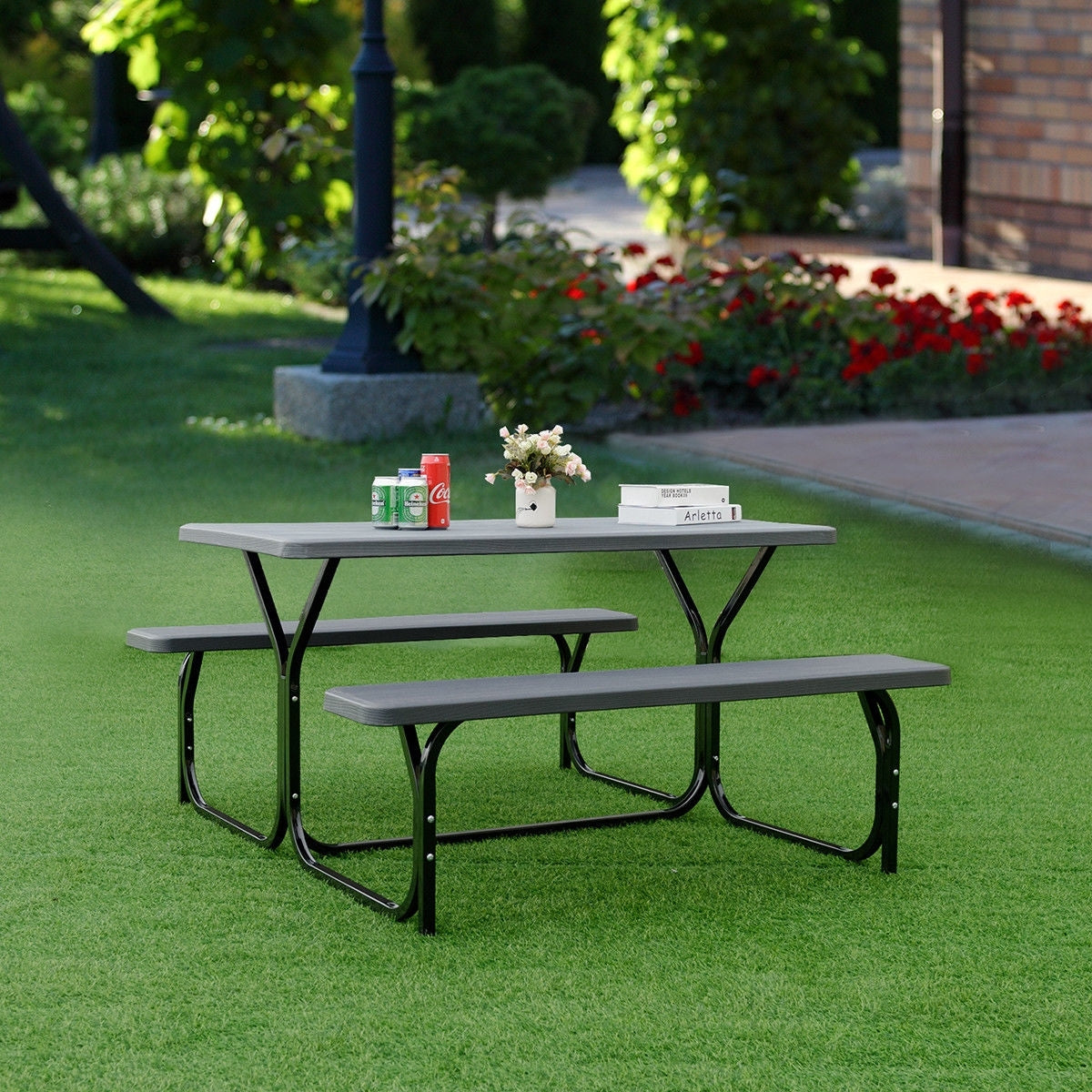 HDPE Outdoor Picnic Table Bench Set with Metal Base-Black Kids Crystal