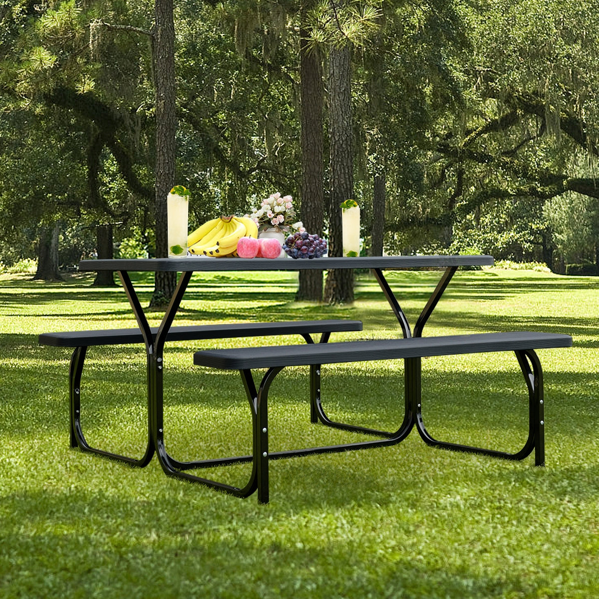 HDPE Outdoor Picnic Table Bench Set with Metal Base-Black Kids Crystal
