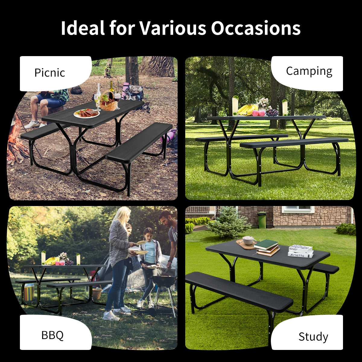 HDPE Outdoor Picnic Table Bench Set with Metal Base-Black Kids Crystal
