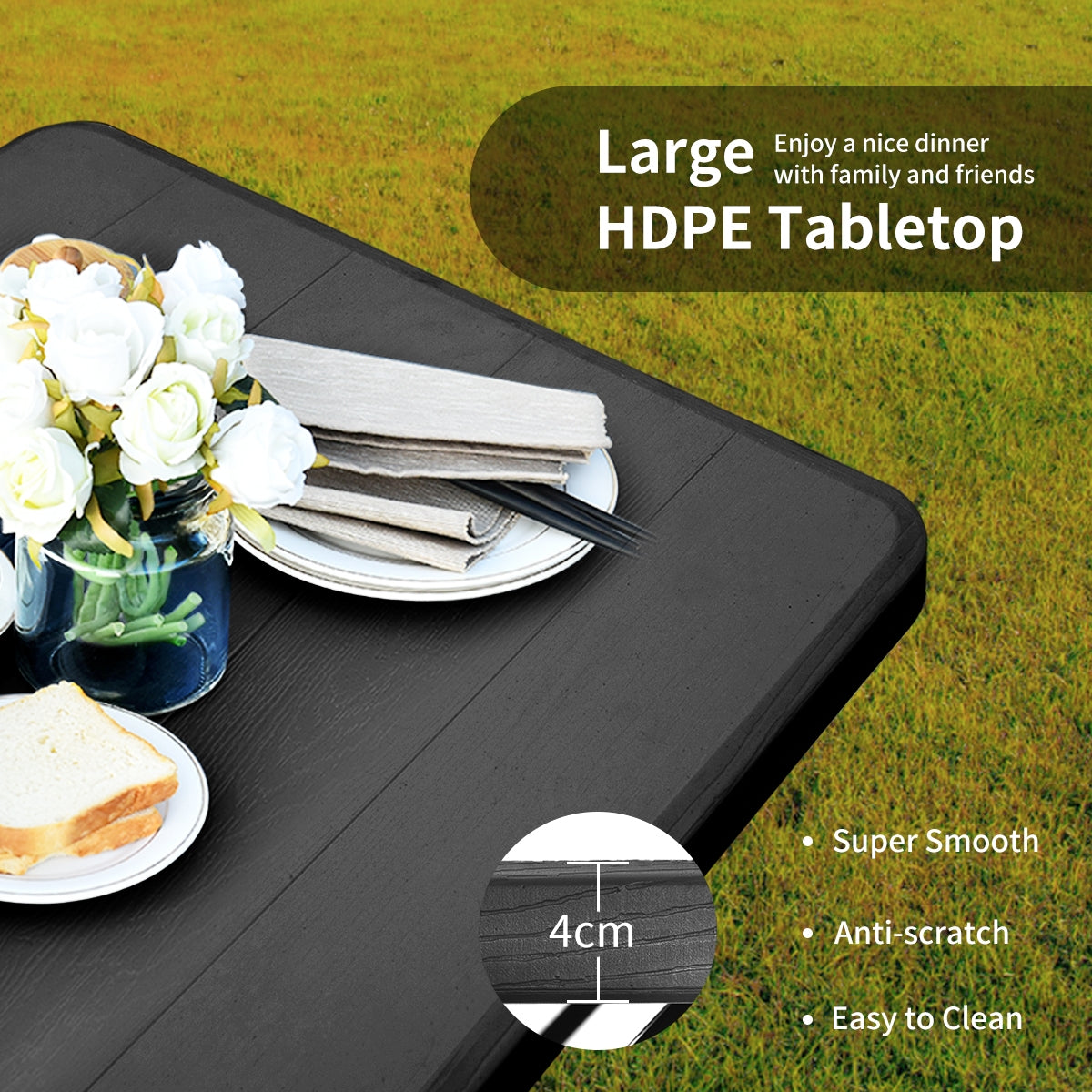 HDPE Outdoor Picnic Table Bench Set with Metal Base-Black Kids Crystal