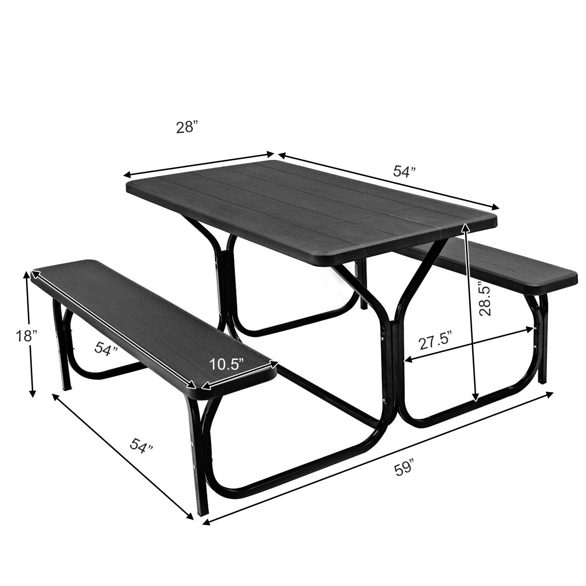 HDPE Outdoor Picnic Table Bench Set with Metal Base-Black Kids Crystal
