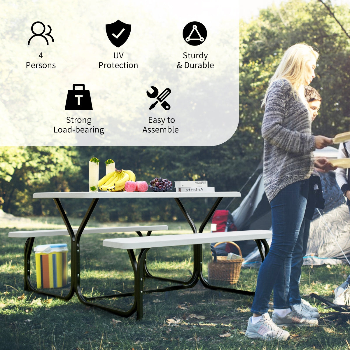 Picnic Table Bench Set for Outdoor Camping -White Kids Crystal