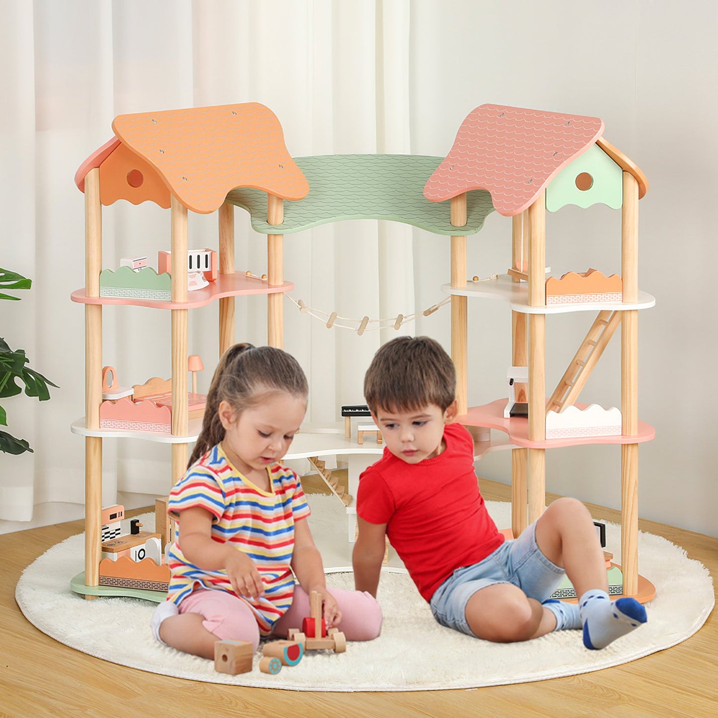 3-Tier Wooden Dollhouse for Kids Aged 3-8 Years Old with 32 Pieces of Accessories-Multicolor Kids Crystal