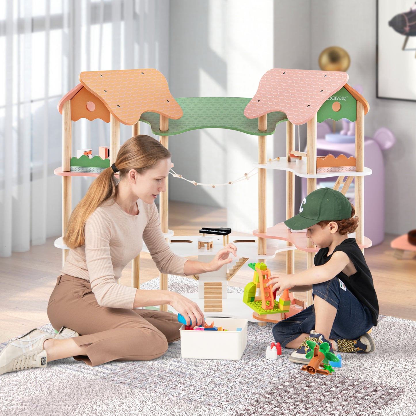 3-Tier Wooden Dollhouse for Kids Aged 3-8 Years Old with 32 Pieces of Accessories-Multicolor Kids Crystal