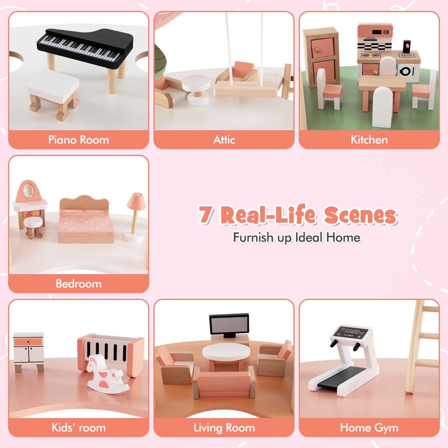 3-Tier Wooden Dollhouse for Kids Aged 3-8 Years Old with 32 Pieces of Accessories-Multicolor Kids Crystal
