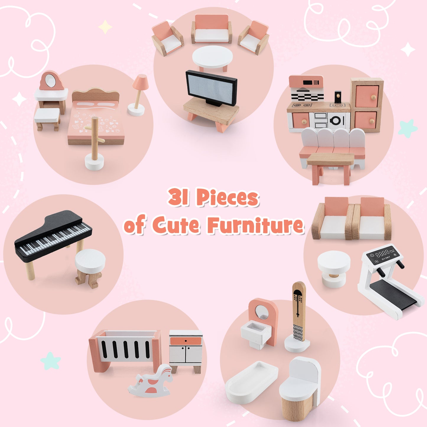 3-Tier Wooden Dollhouse for Kids Aged 3-8 Years Old with 32 Pieces of Accessories-Multicolor Kids Crystal