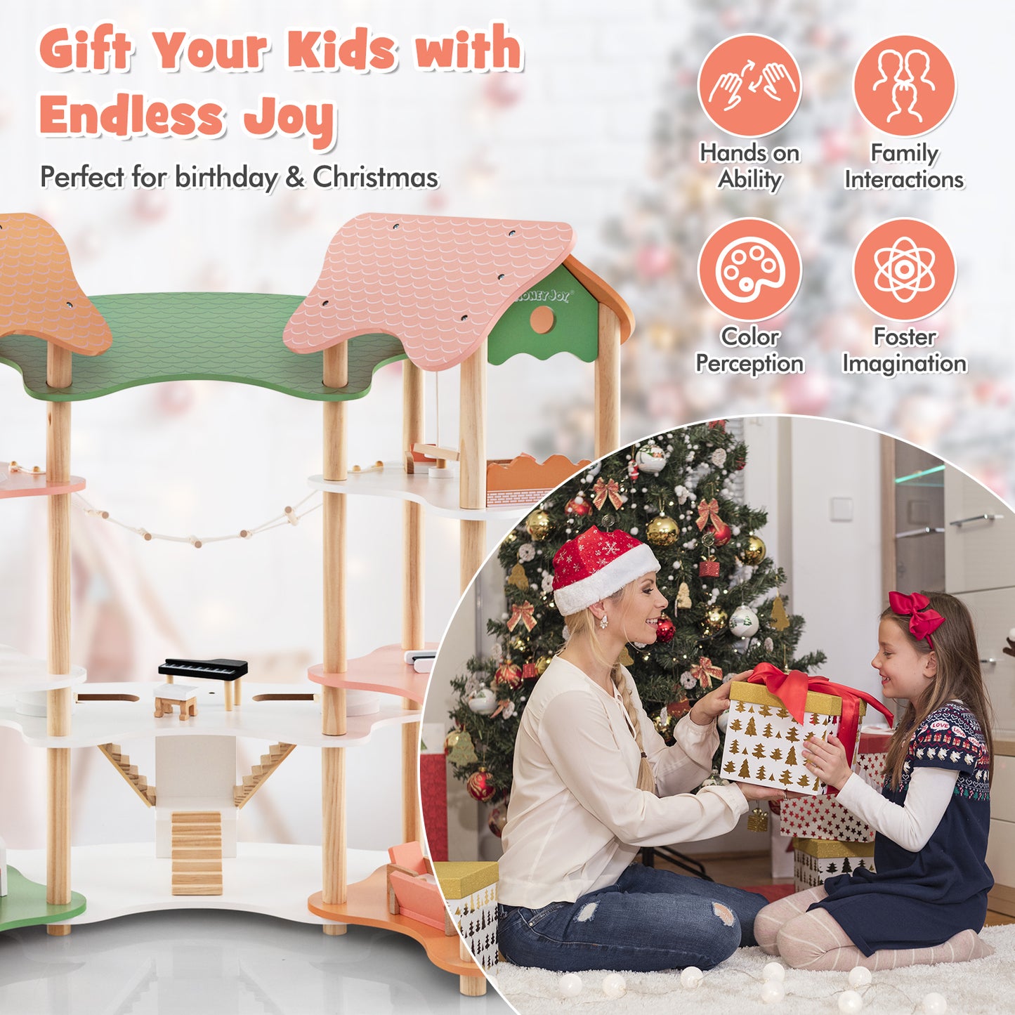 3-Tier Wooden Dollhouse for Kids Aged 3-8 Years Old with 32 Pieces of Accessories-Multicolor Kids Crystal