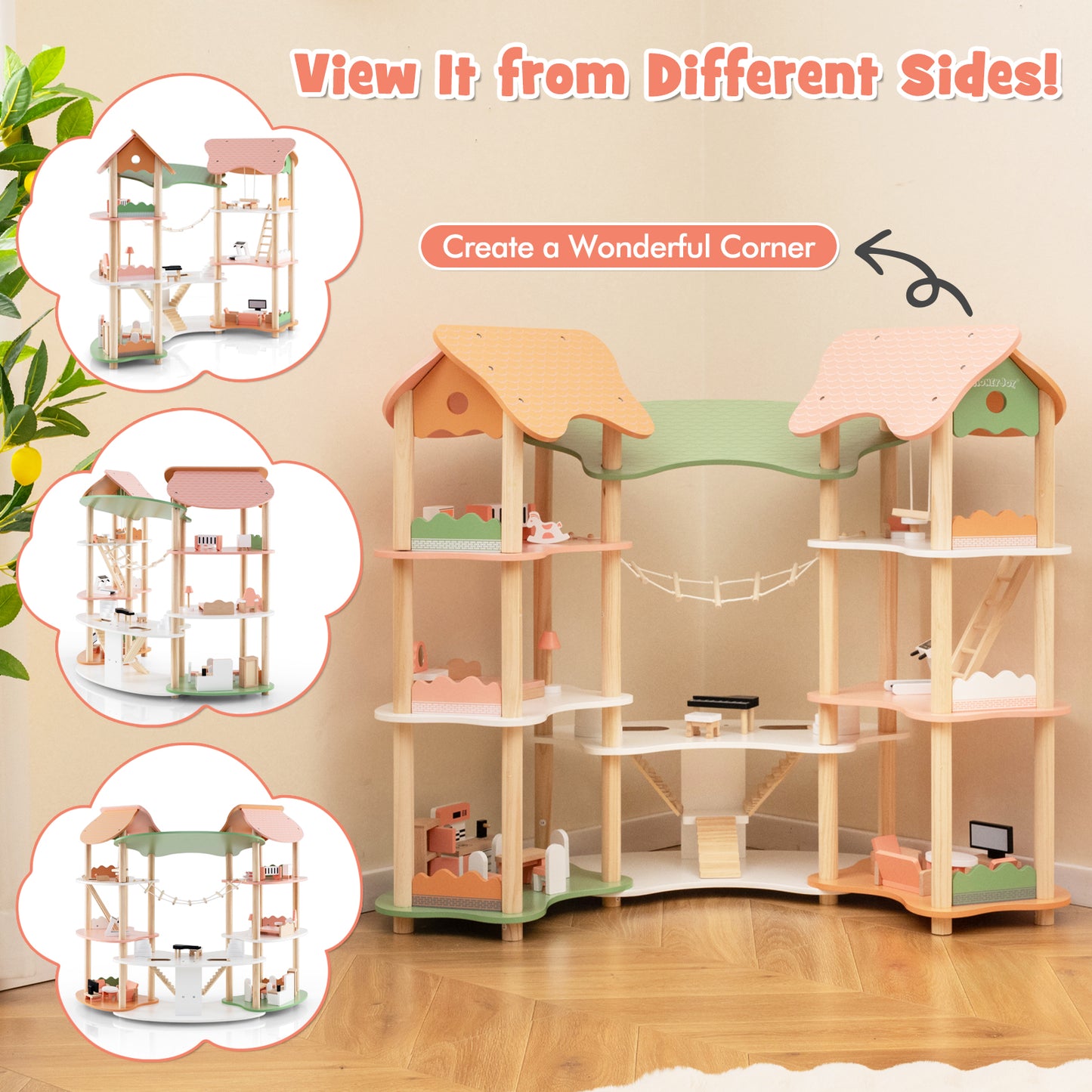 3-Tier Wooden Dollhouse for Kids Aged 3-8 Years Old with 32 Pieces of Accessories-Multicolor Kids Crystal