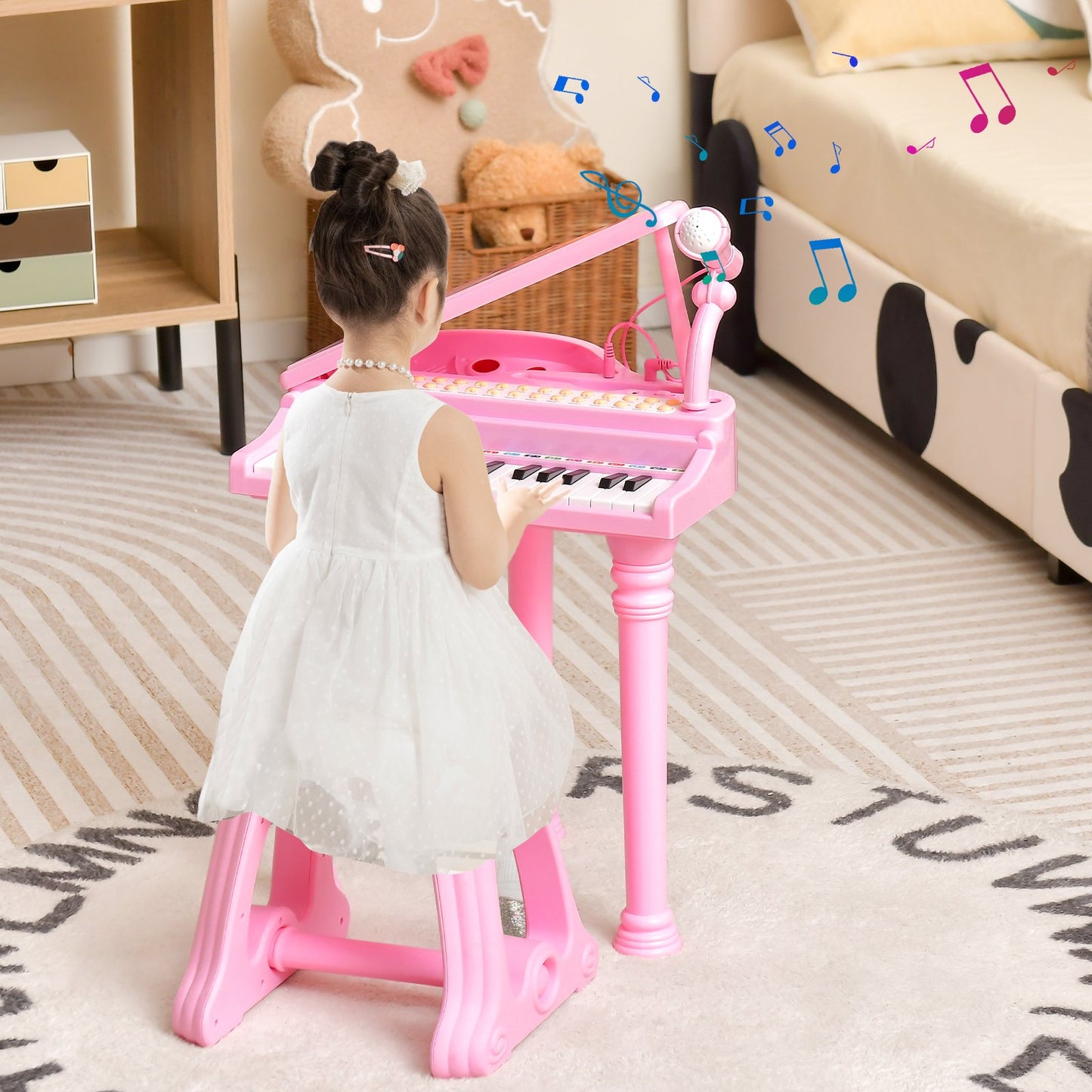 37 Keys Kids Piano Keyboard with Stool and Piano Lid-Pink Kids Crystal