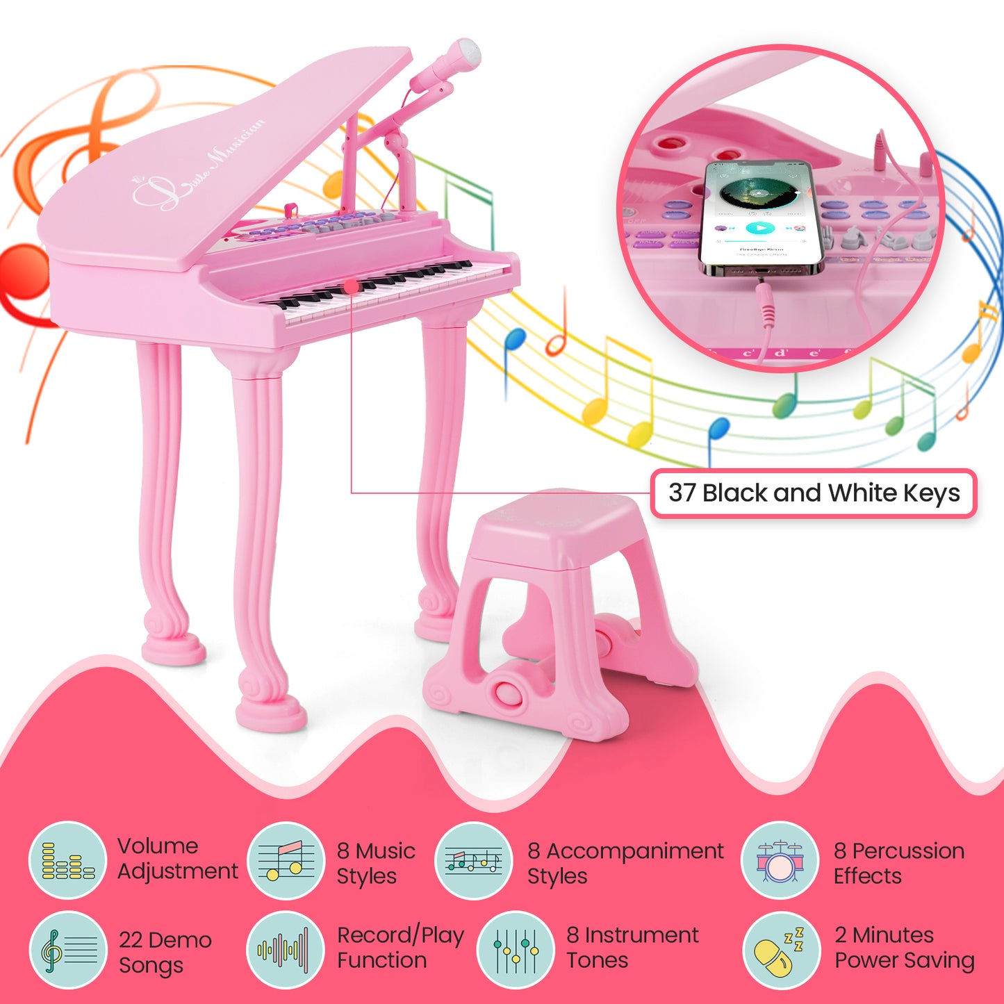 37 Keys Kids Piano Keyboard with Stool and Piano Lid-Pink Kids Crystal
