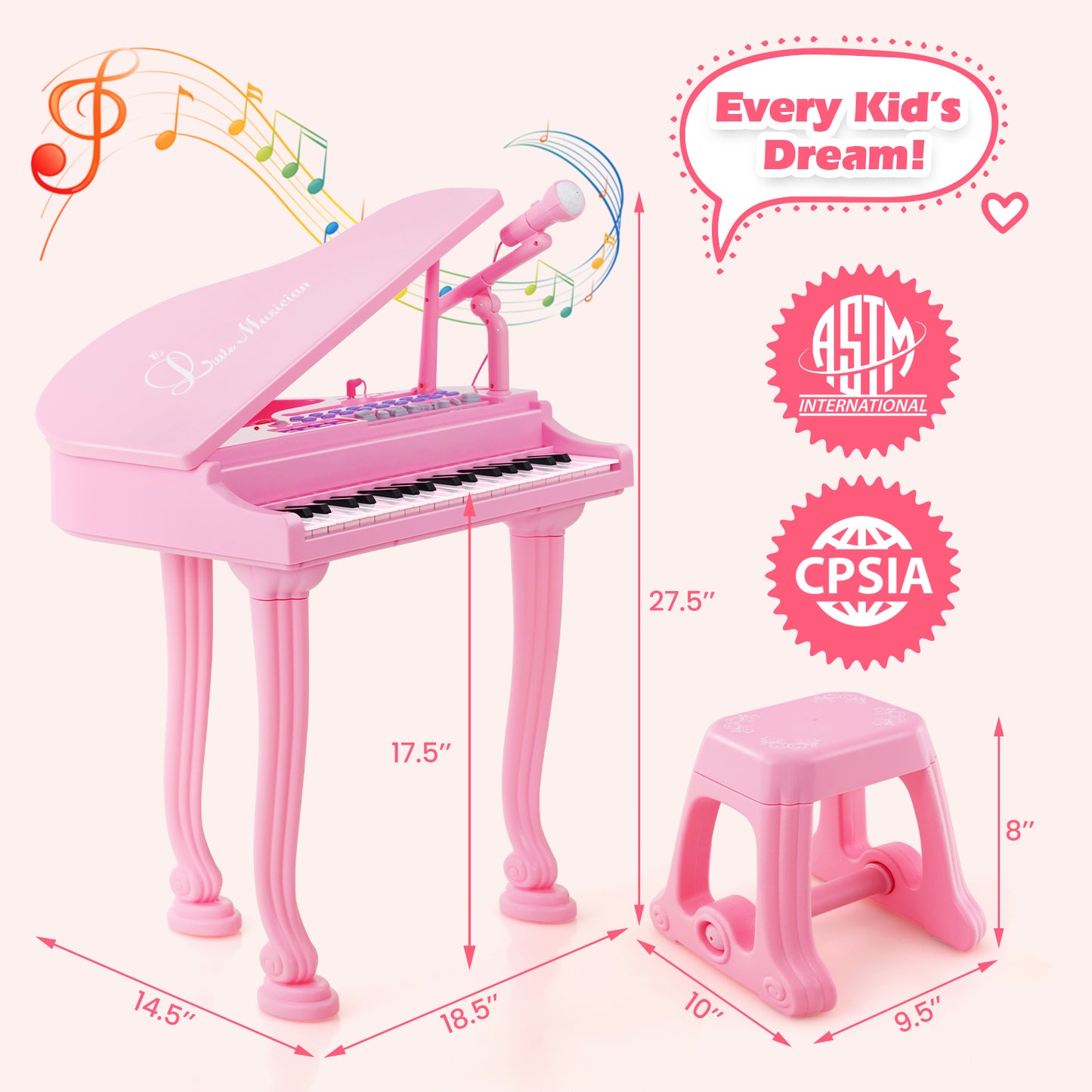 37 Keys Kids Piano Keyboard with Stool and Piano Lid-Pink Kids Crystal