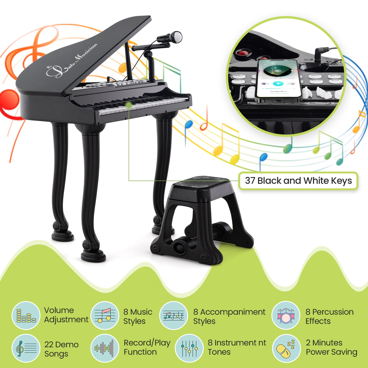 37 Keys Kids Piano Keyboard with Stool and Piano Lid-Black Kids Crystal