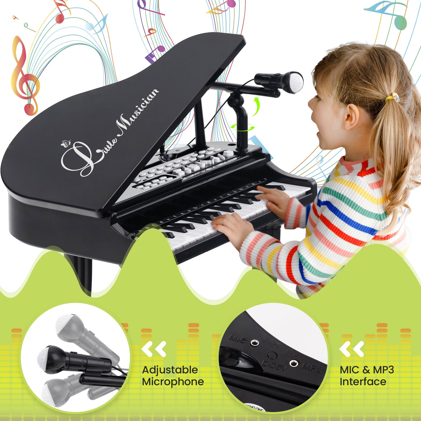 37 Keys Kids Piano Keyboard with Stool and Piano Lid-Black Kids Crystal