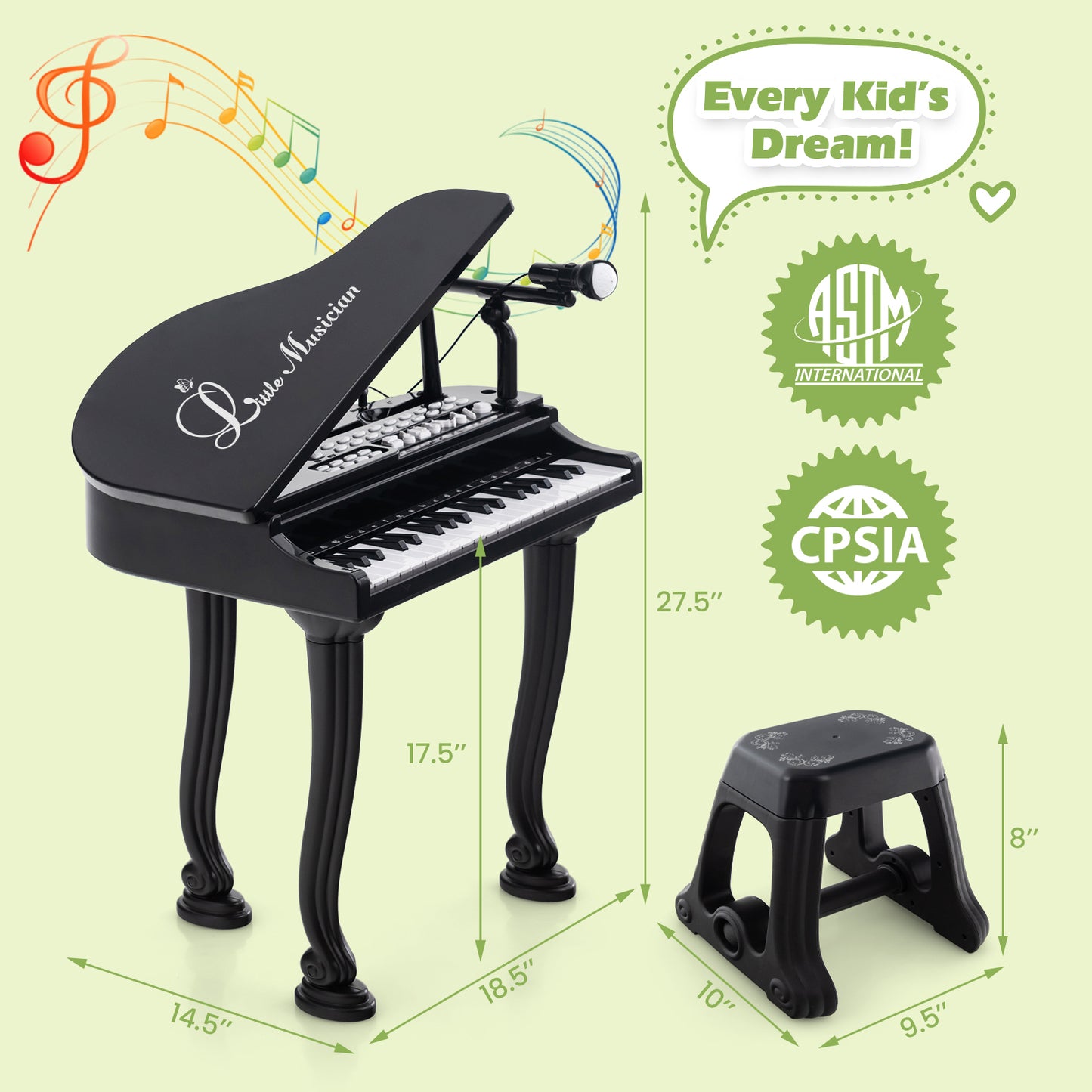 37 Keys Kids Piano Keyboard with Stool and Piano Lid-Black Kids Crystal
