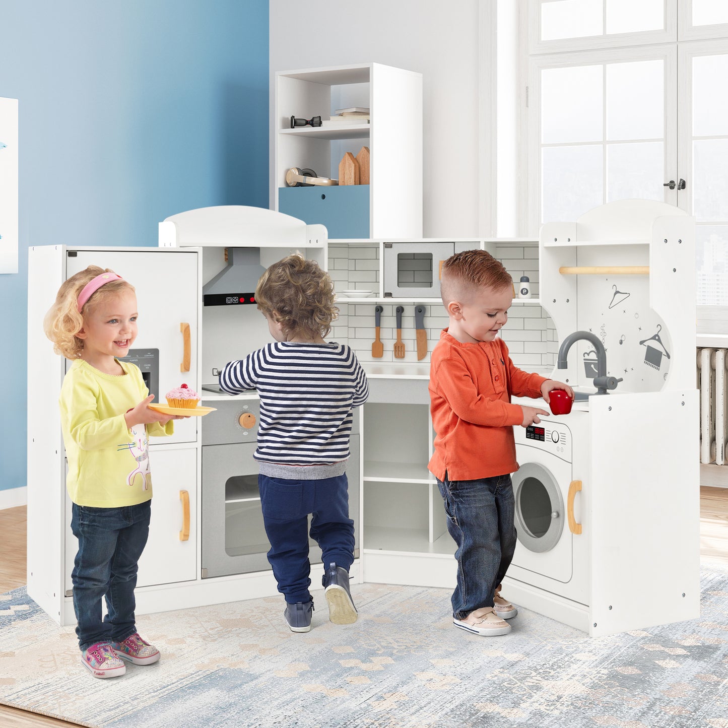 Corner Kids Play Kitchen with Washing Machine and Ice Maker Gift for Boys Girls-White Kids Crystal