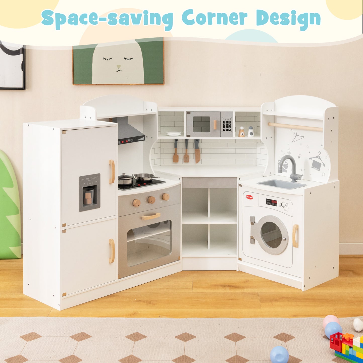 Corner Kids Play Kitchen with Washing Machine and Ice Maker Gift for Boys Girls-White Kids Crystal