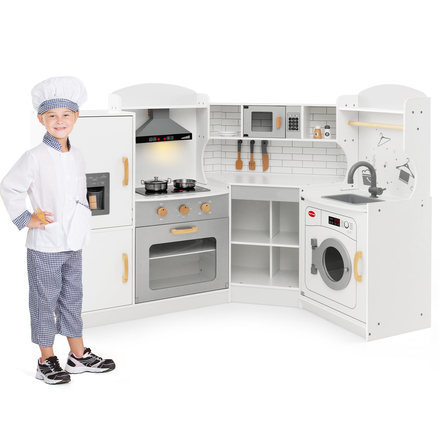 Corner Kids Play Kitchen with Washing Machine and Ice Maker Gift for Boys Girls-White Kids Crystal