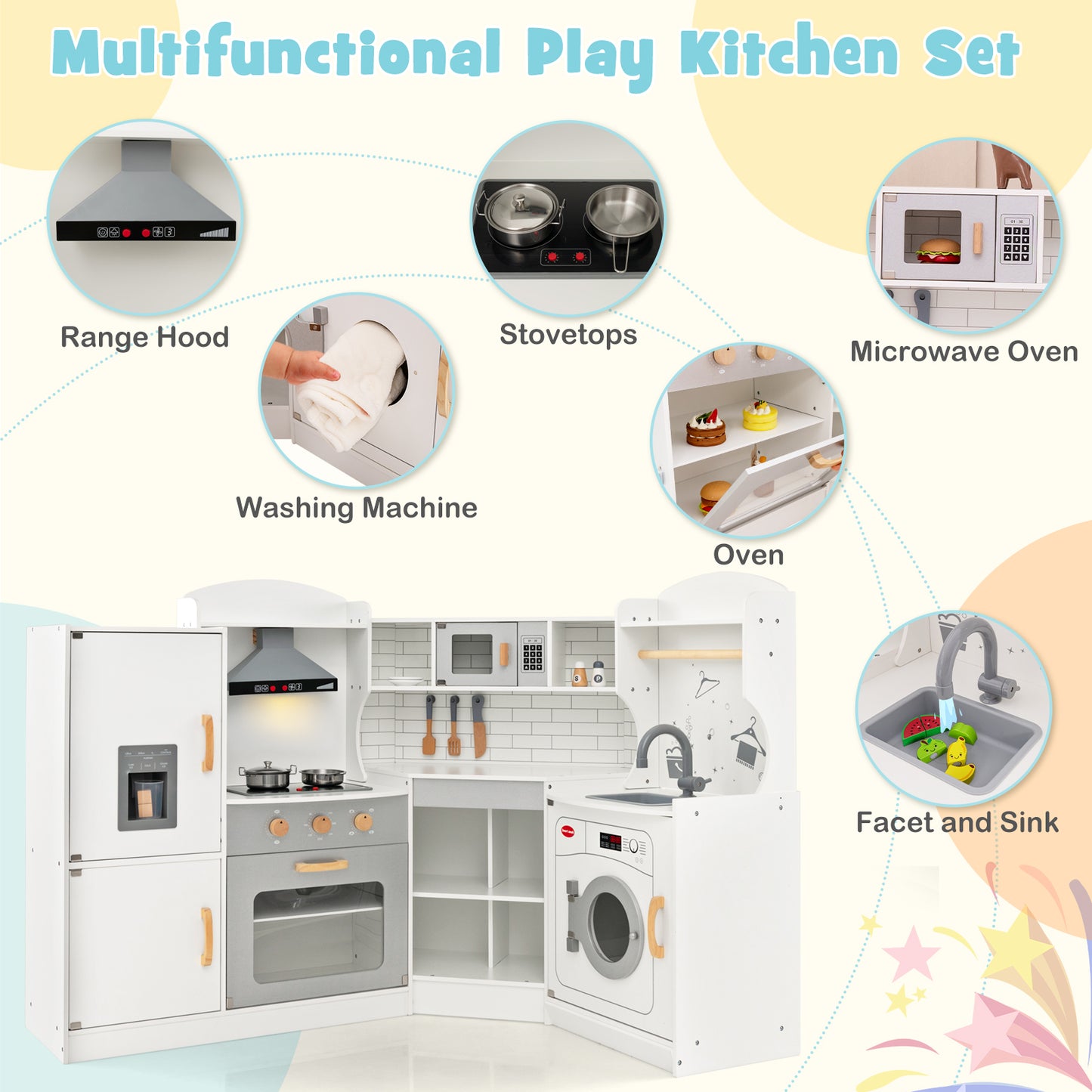 Corner Kids Play Kitchen with Washing Machine and Ice Maker Gift for Boys Girls-White Kids Crystal
