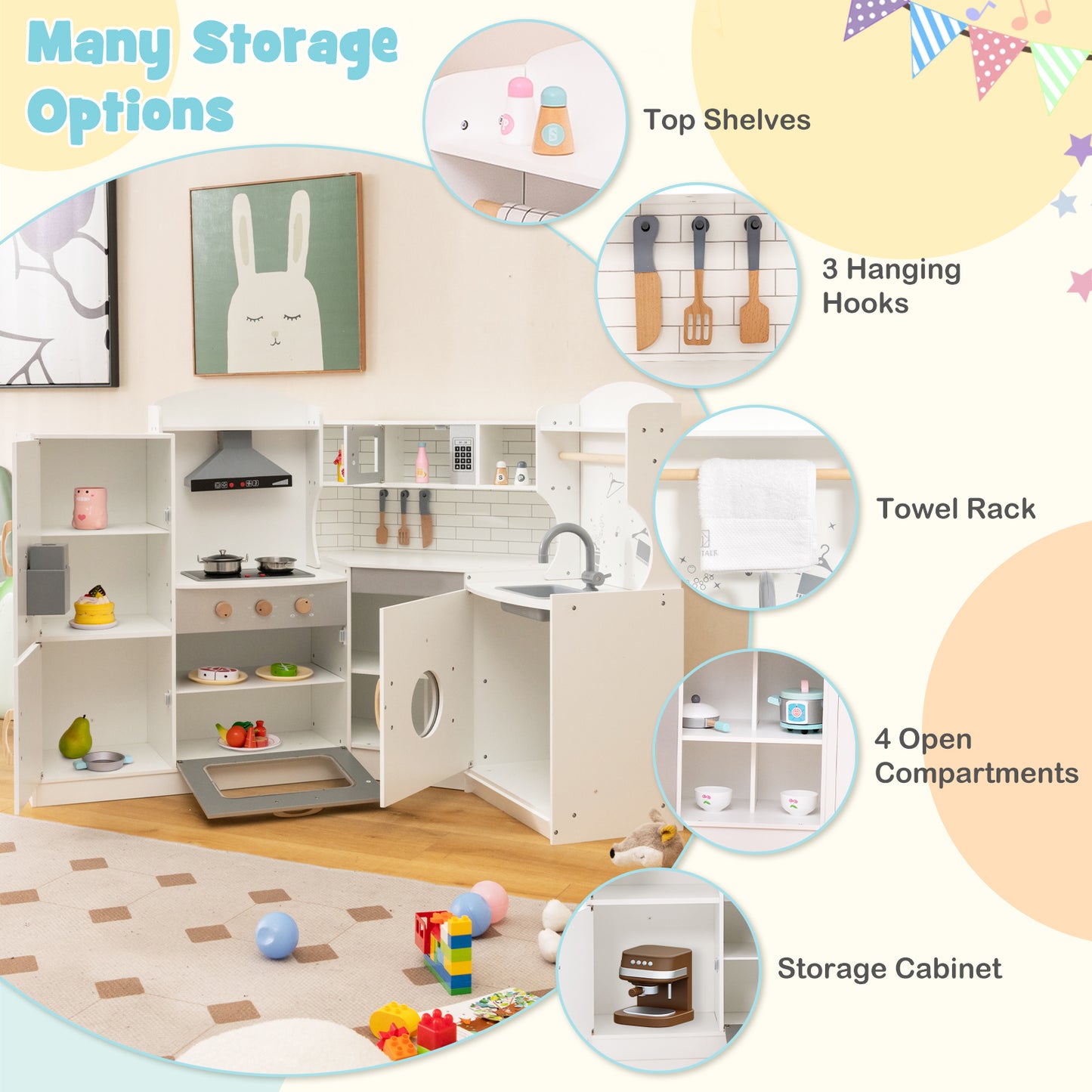 Corner Kids Play Kitchen with Washing Machine and Ice Maker Gift for Boys Girls-White Kids Crystal