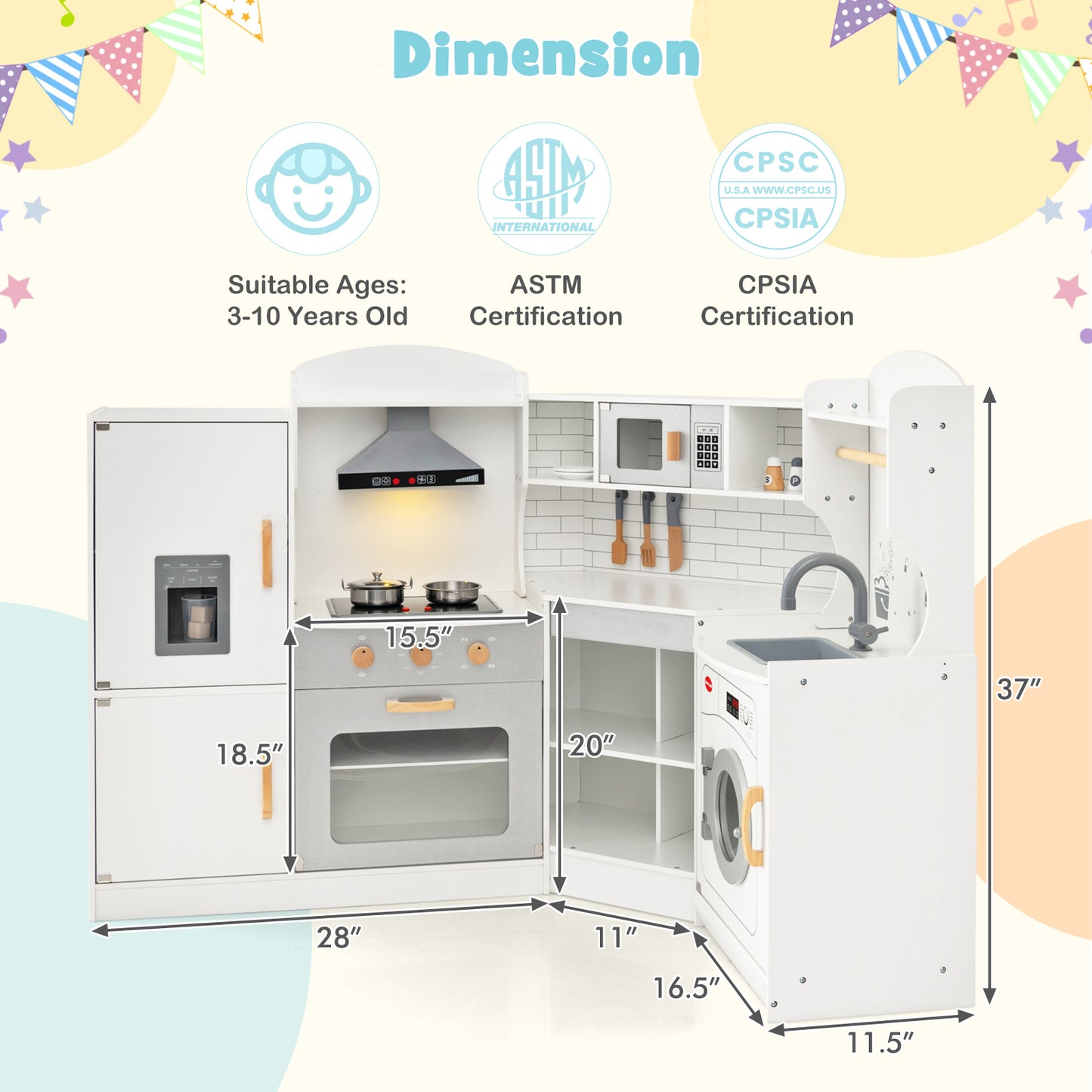 Corner Kids Play Kitchen with Washing Machine and Ice Maker Gift for Boys Girls-White Kids Crystal