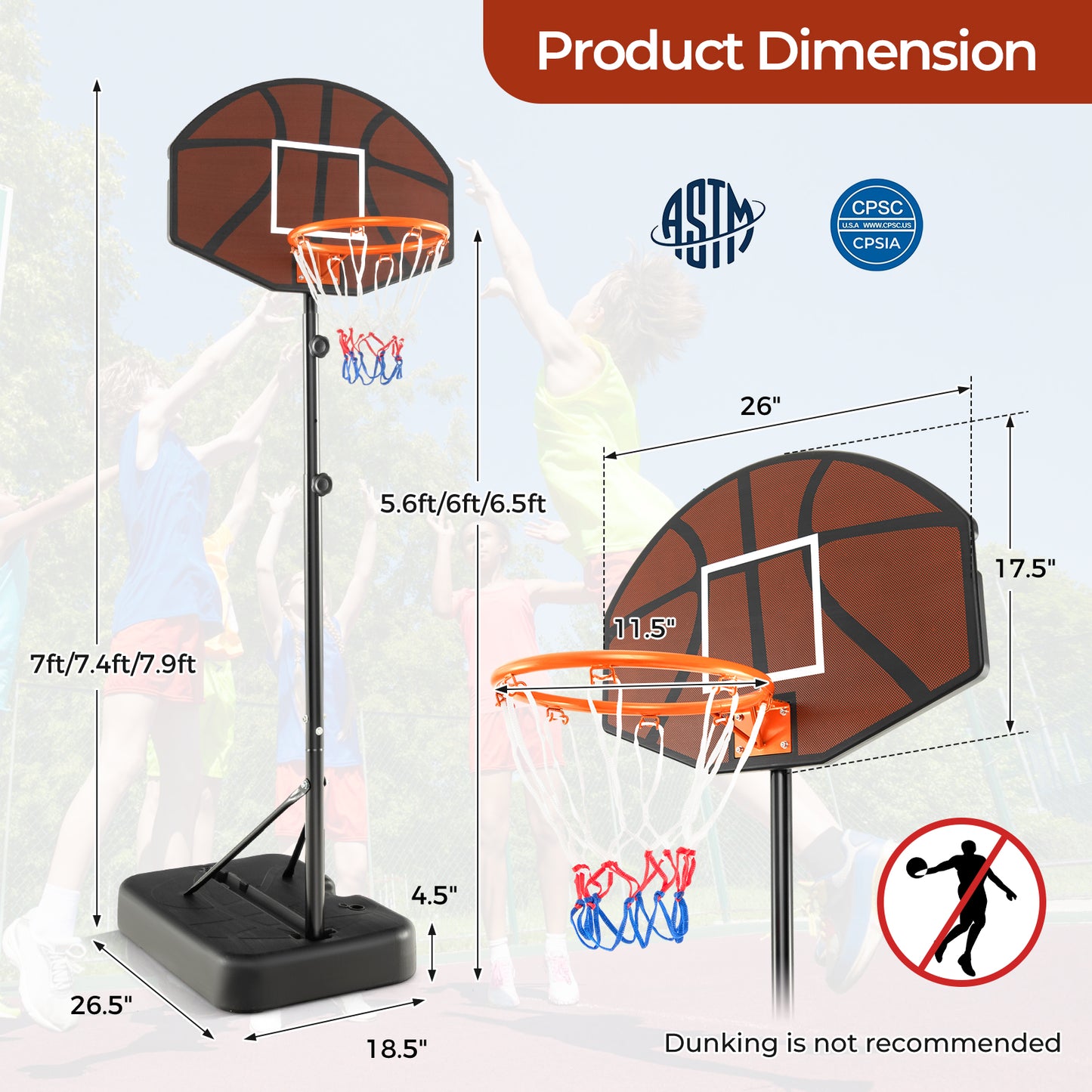 Basketball Hoop 5.6-6.5 FT Height Adjustable for Kids with Shatterproof Backboard Kids Crystal