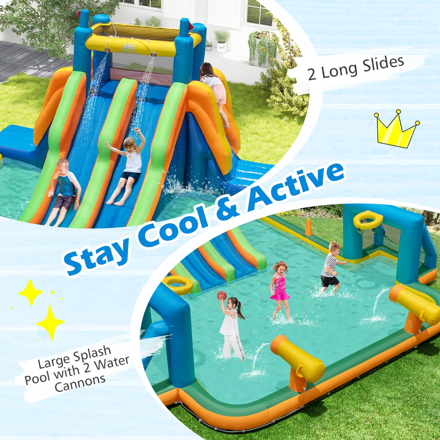 Kids Inflatable Water Slide with 2 Long Slides and 2 Soccer Gates with 950W Blower Kids Crystal