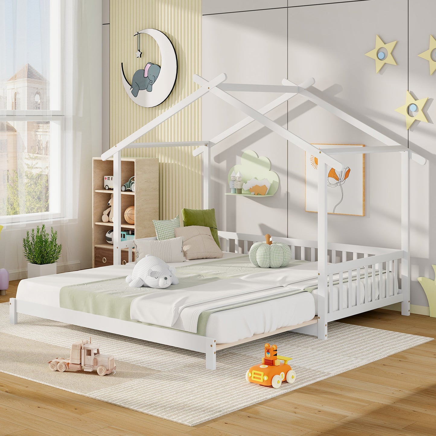 Extendable House Bed Twin to King Daybed with Roof and Fence Rails-White Kids Crystal