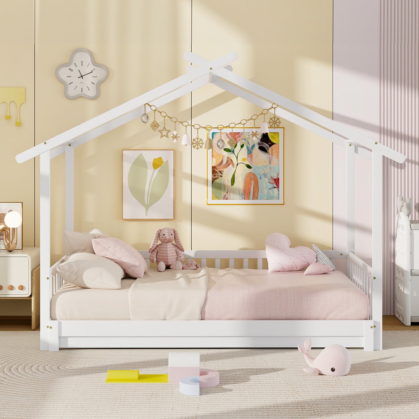 Extendable House Bed Twin to King Daybed with Roof and Fence Rails-White Kids Crystal