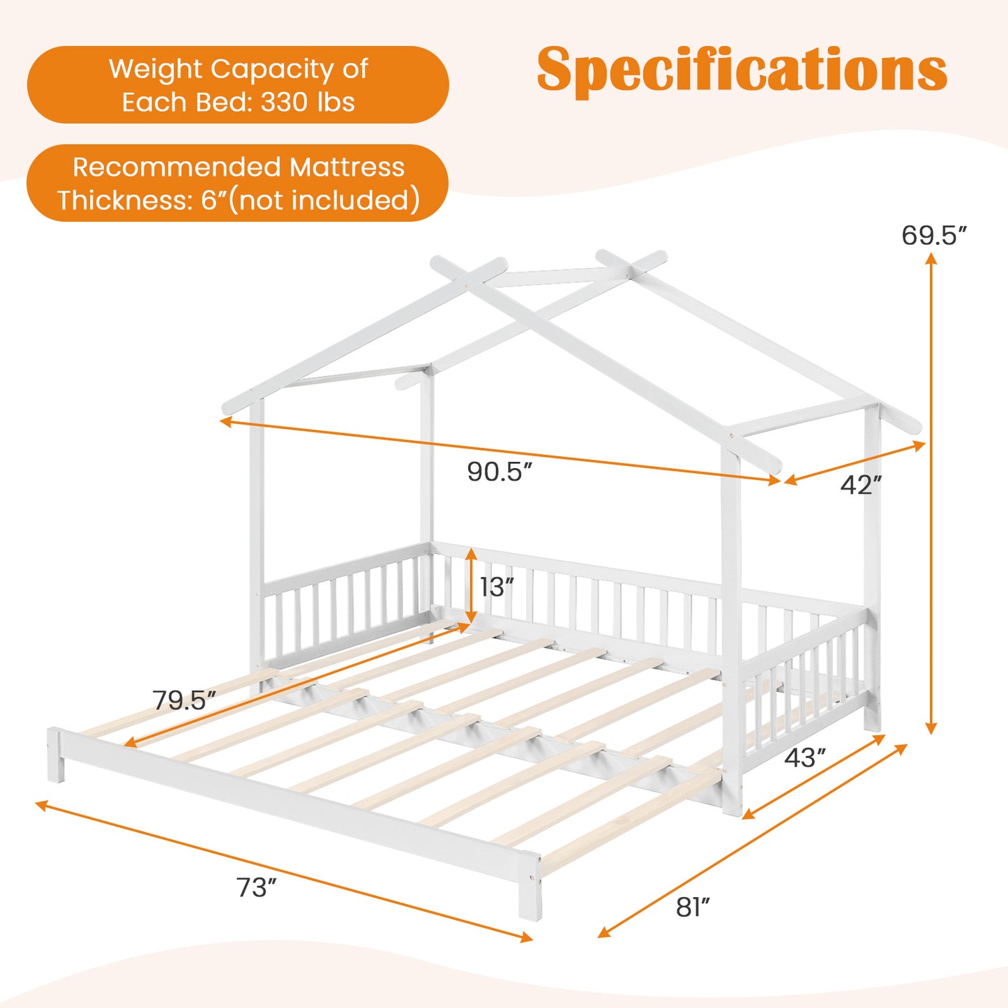 Extendable House Bed Twin to King Daybed with Roof and Fence Rails-White Kids Crystal