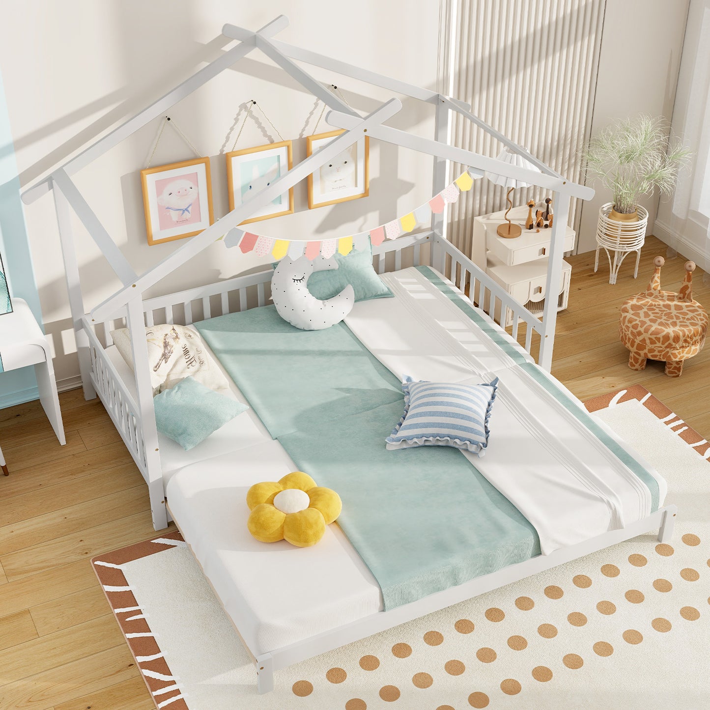 Extendable House Bed Twin to King Daybed with Roof and Fence Rails-White Kids Crystal