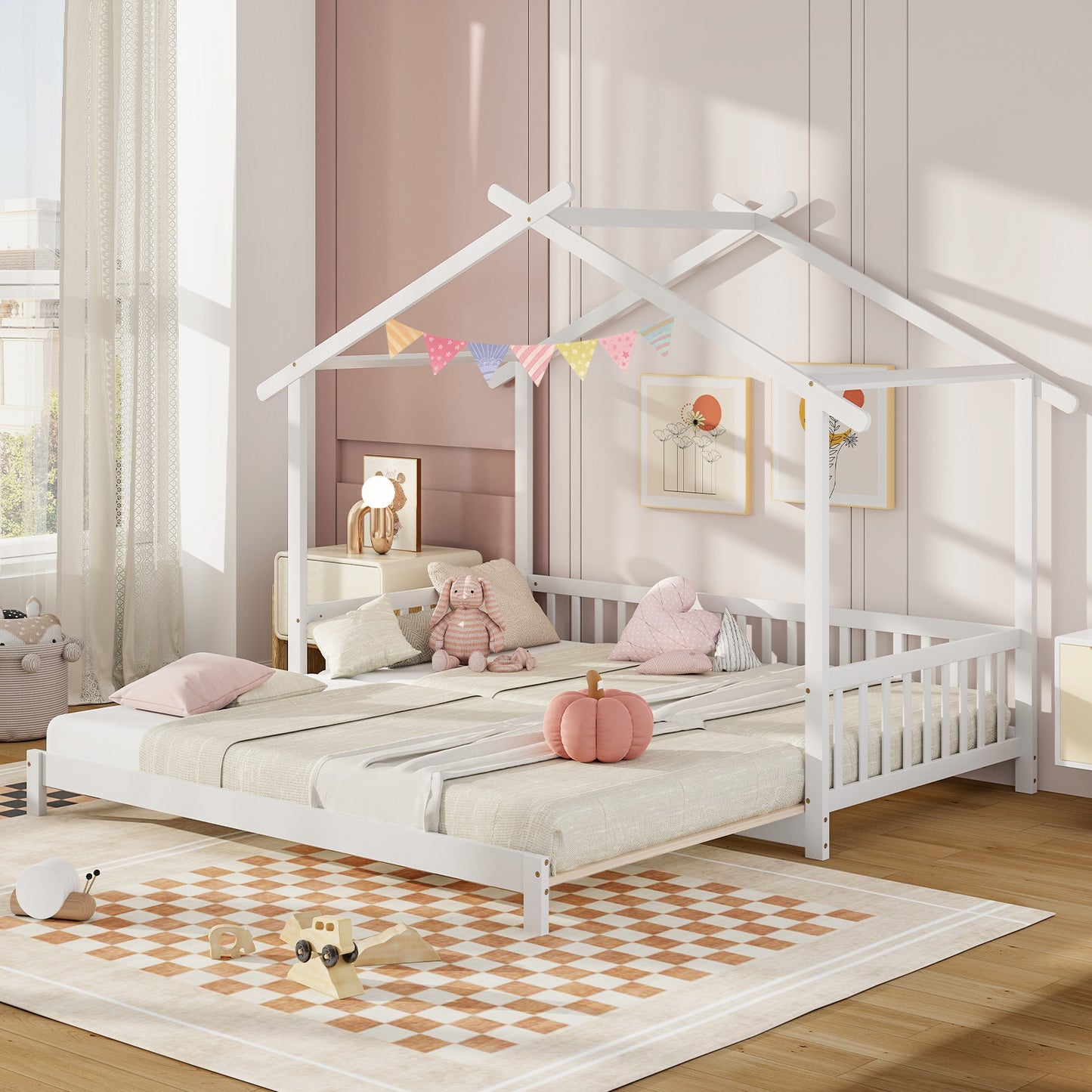 Extendable House Bed Twin to King Daybed with Roof and Fence Rails-White Kids Crystal