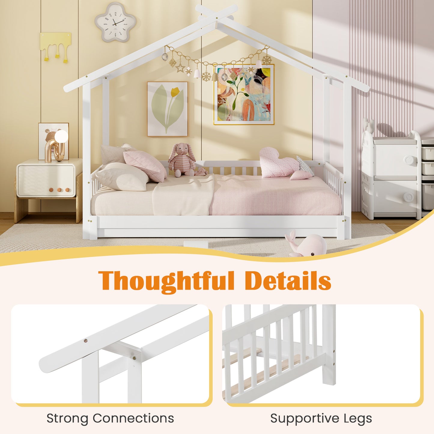 Extendable House Bed Twin to King Daybed with Roof and Fence Rails-White Kids Crystal