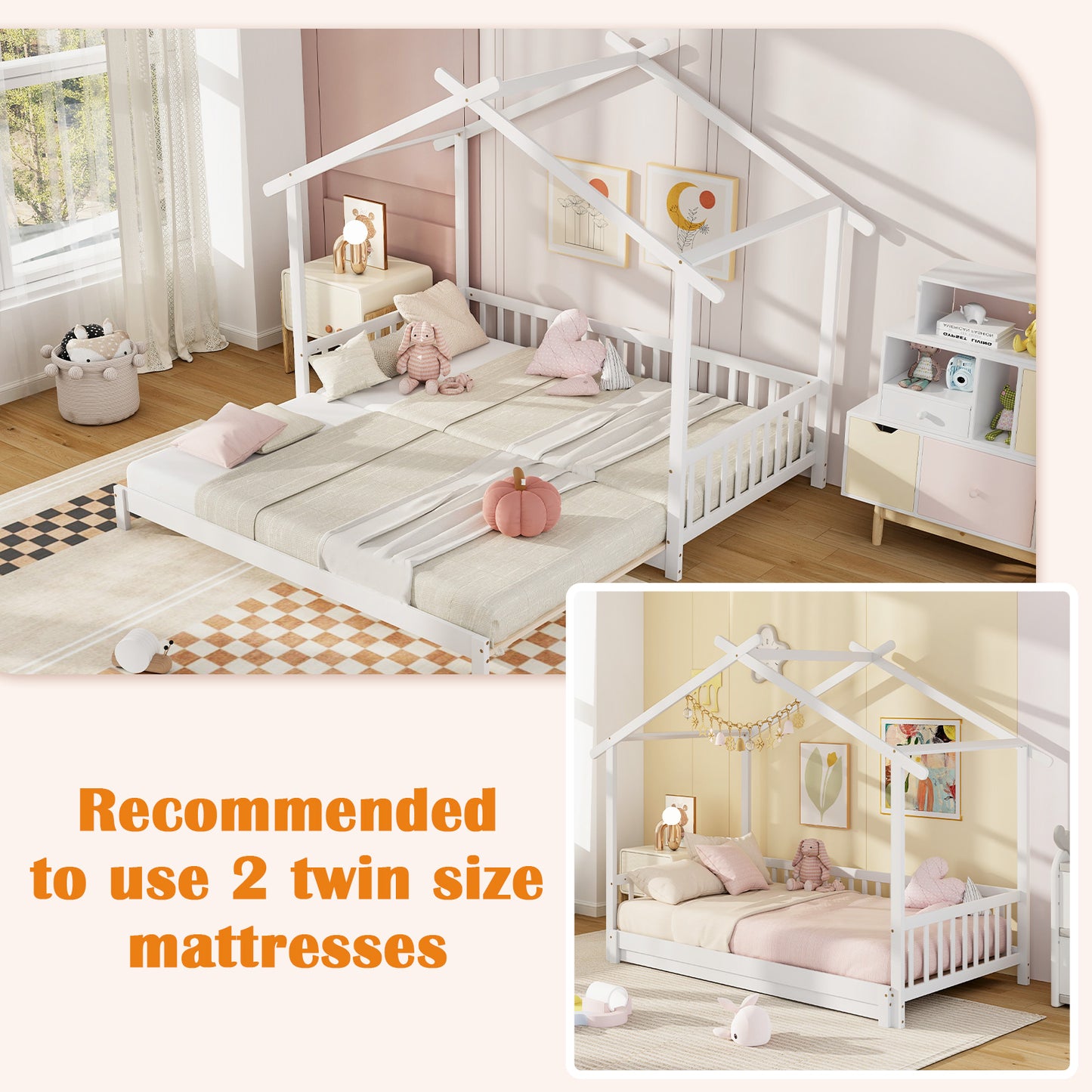 Extendable House Bed Twin to King Daybed with Roof and Fence Rails-White Kids Crystal