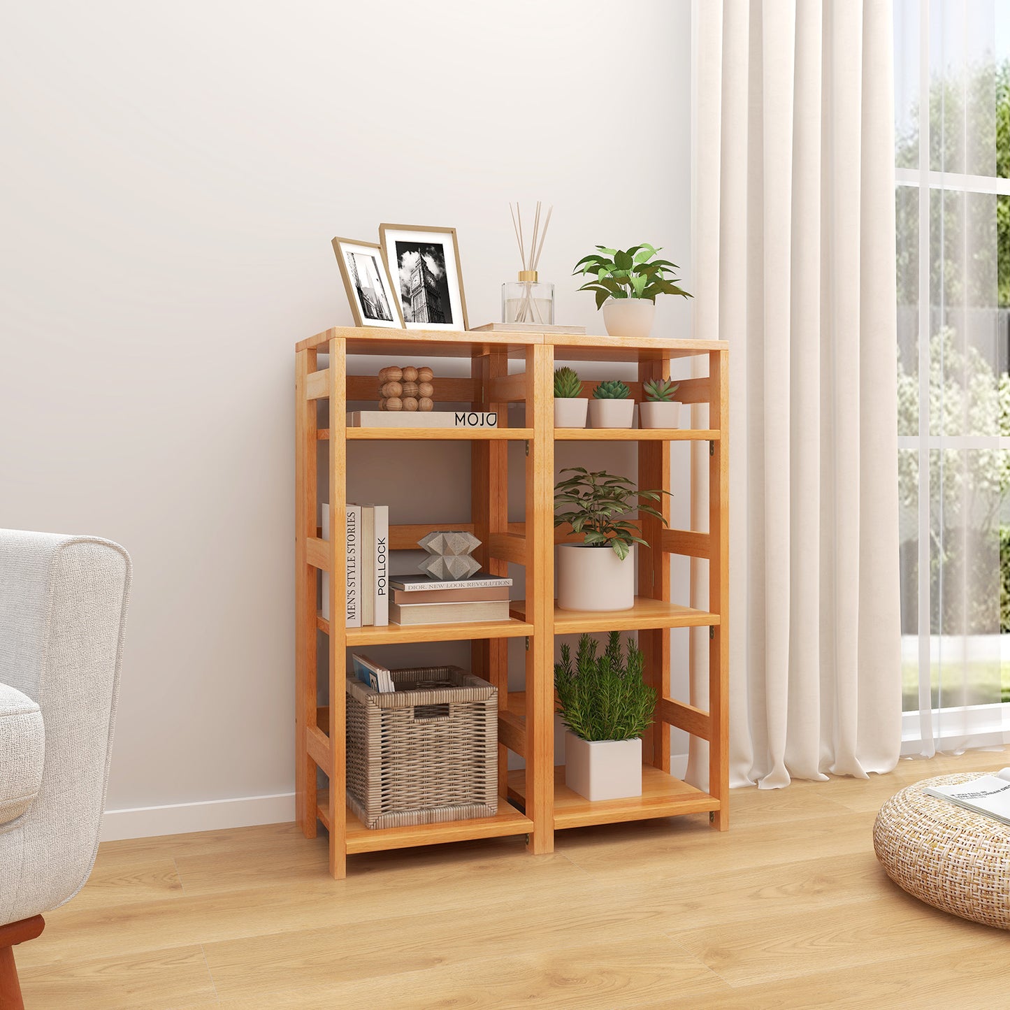 4-Tier Bookshelf Rubber Wood Bookcase with Side Fences for Living Room-14 inches Kids Crystal