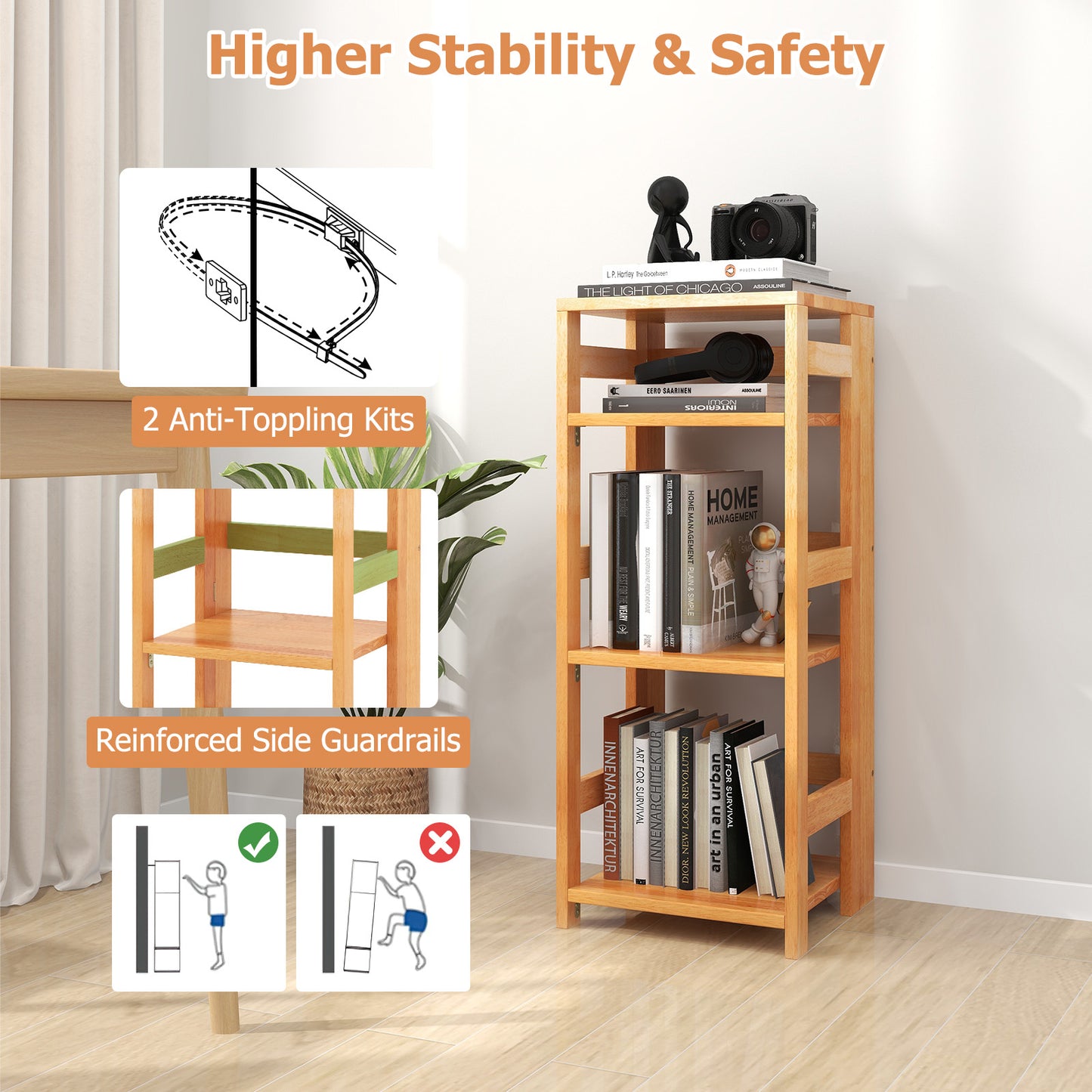 4-Tier Bookshelf Rubber Wood Bookcase with Side Fences for Living Room-14 inches Kids Crystal