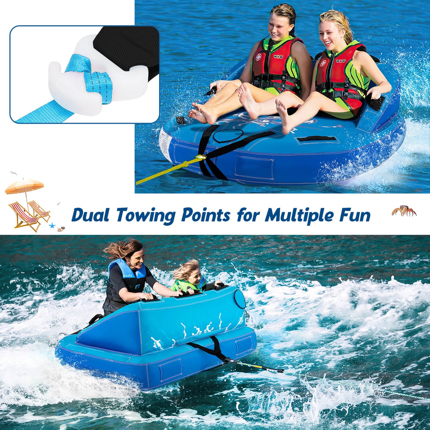 2 Person Water Sport Inflatable Towable Tubes for Boating-Blue Kids Crystal