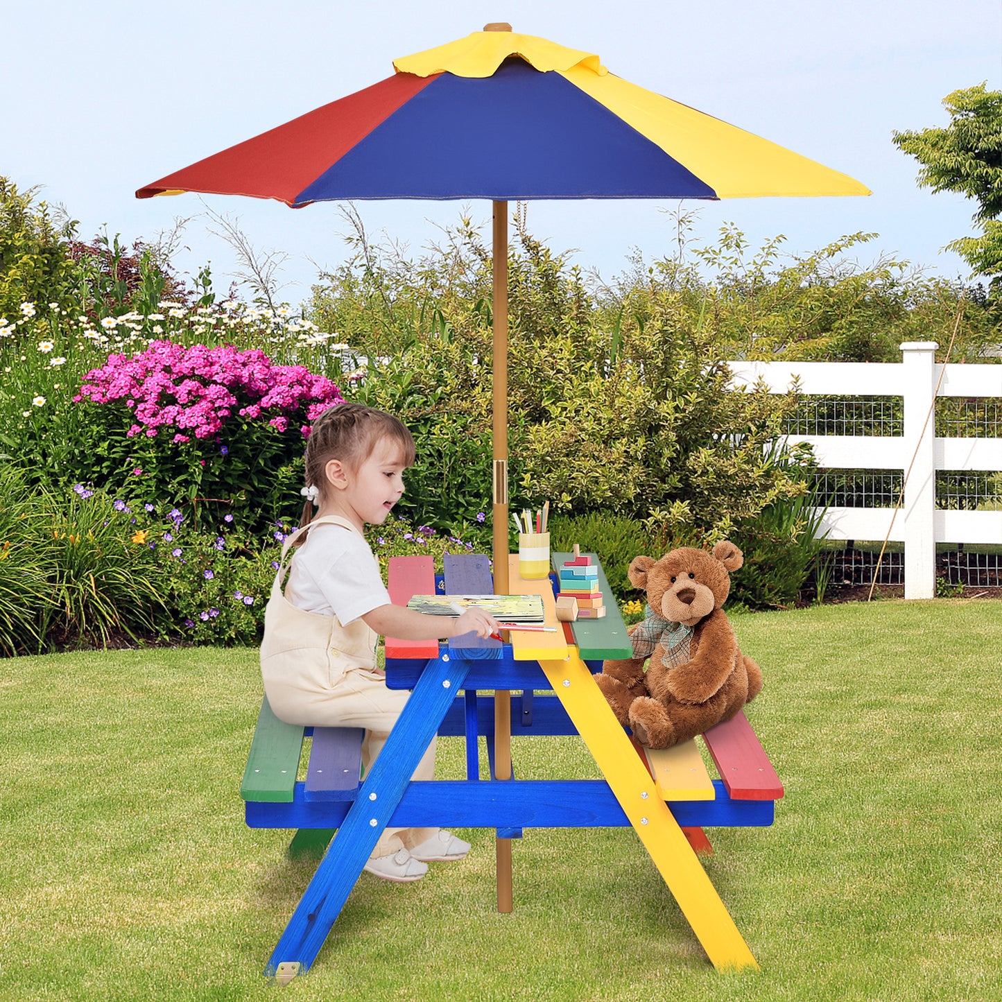 4 Seat Kids Picnic Table with Umbrella-Multicolor Kids Crystal