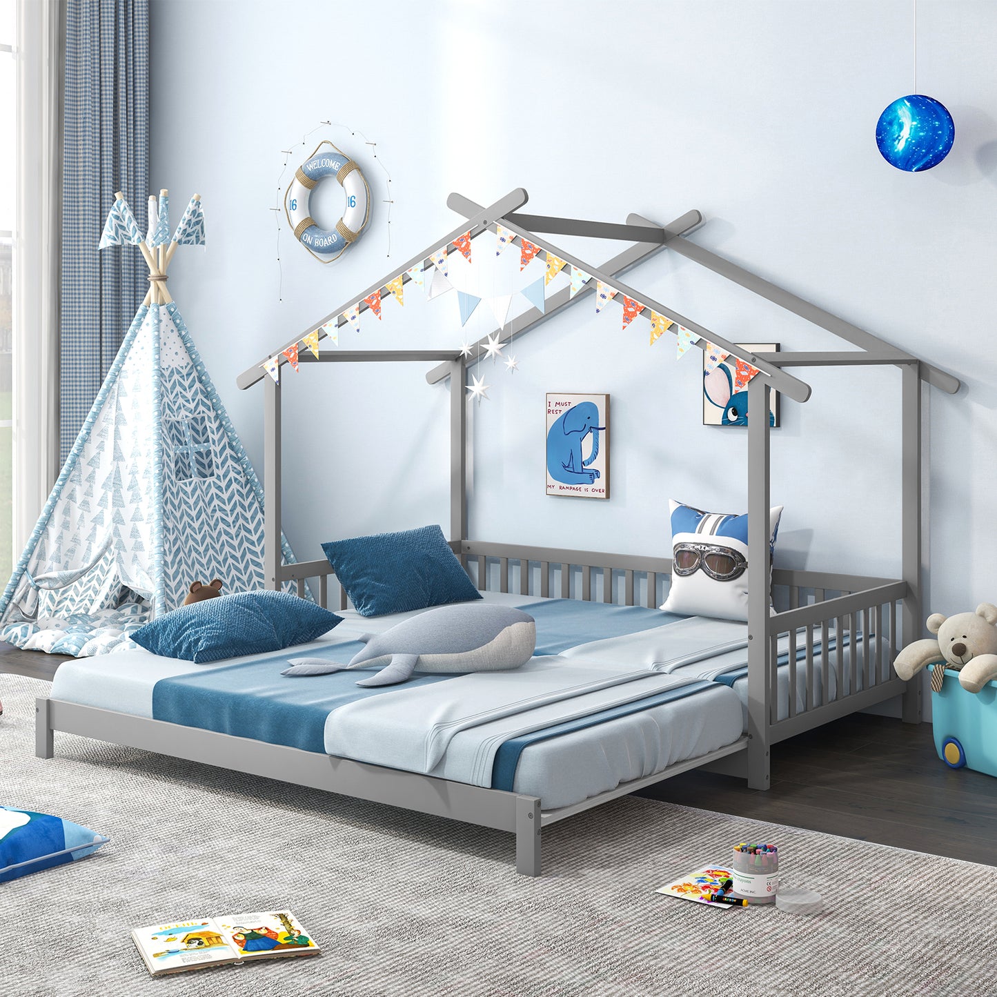 Extendable House Bed Twin to King Daybed with Roof and Fence Rails-Gray Kids Crystal
