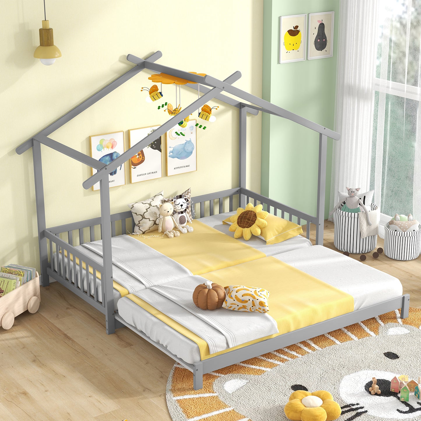 Extendable House Bed Twin to King Daybed with Roof and Fence Rails-Gray Kids Crystal